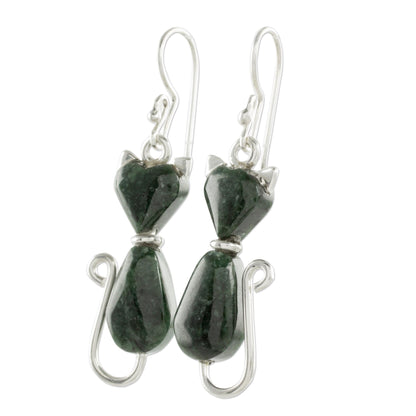 Cats of Love in Dark Green Jade Cat Dangle Earrings in Dark Green from Guatemala