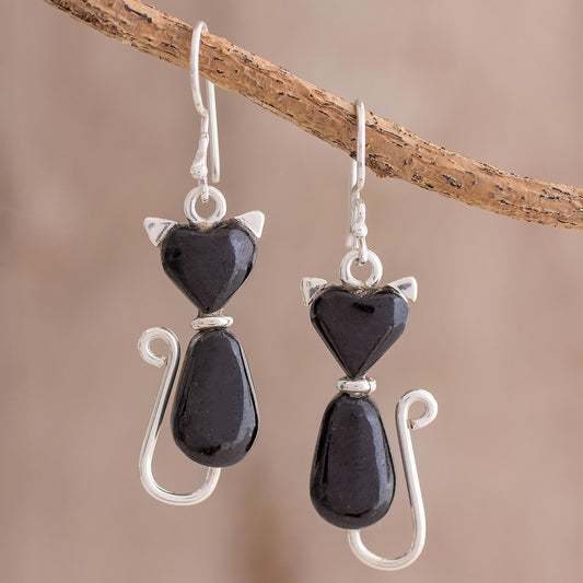 Cats of Love in Black Jade Cat Dangle Earrings in Black from Guatemala