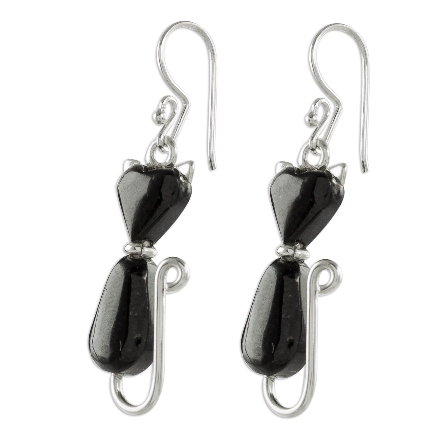 Cats of Love in Black Jade Cat Dangle Earrings in Black from Guatemala