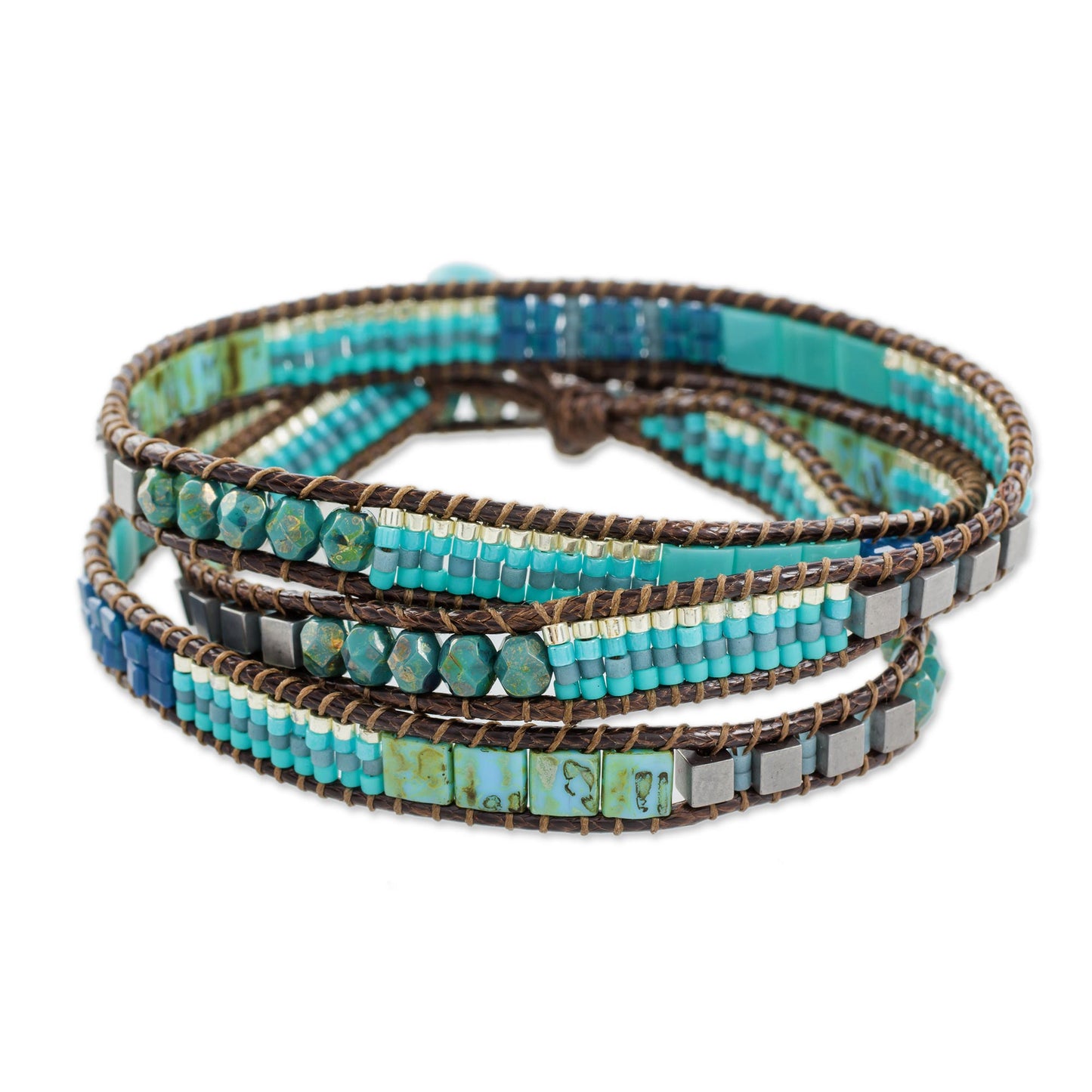 Mayan Monolith Glass Beaded Wrap Bracelet in Turquoise from Guatemala