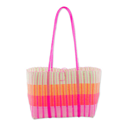 Colorful Season Handwoven Striped Plastic Shoulder Bag from Guatemala