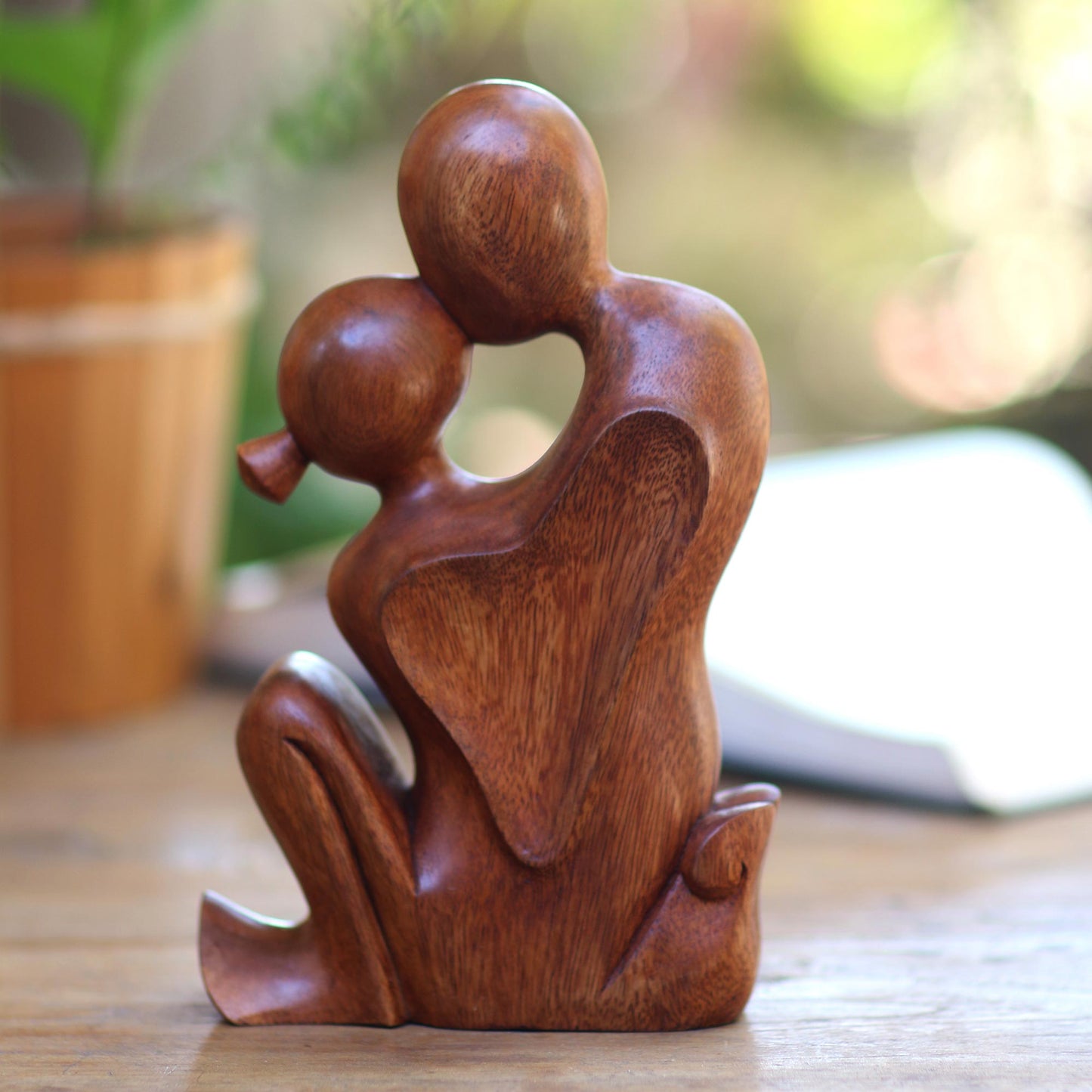 Love's Bond Hand Carved Romantic Suar Wood Statuette from Bali