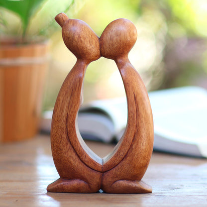 Kissing You Hand Carved Suar Wood Romantic Statuette from Bali