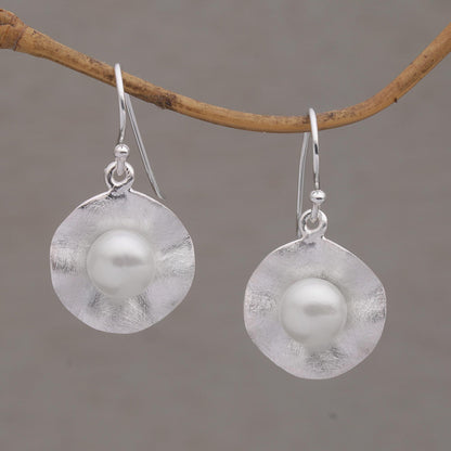 Lily Pad Glow Cultured Pearl and Brushed Sterling Silver Earrings