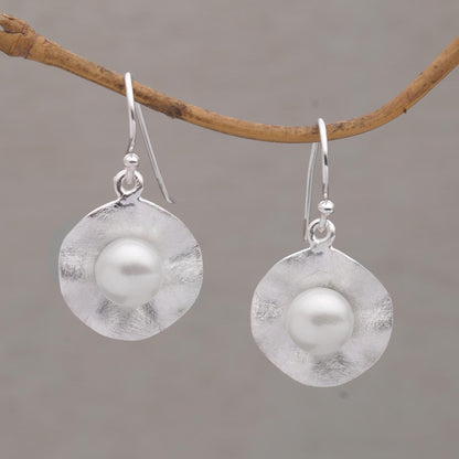 Lily Pad Glow Cultured Pearl and Brushed Sterling Silver Earrings