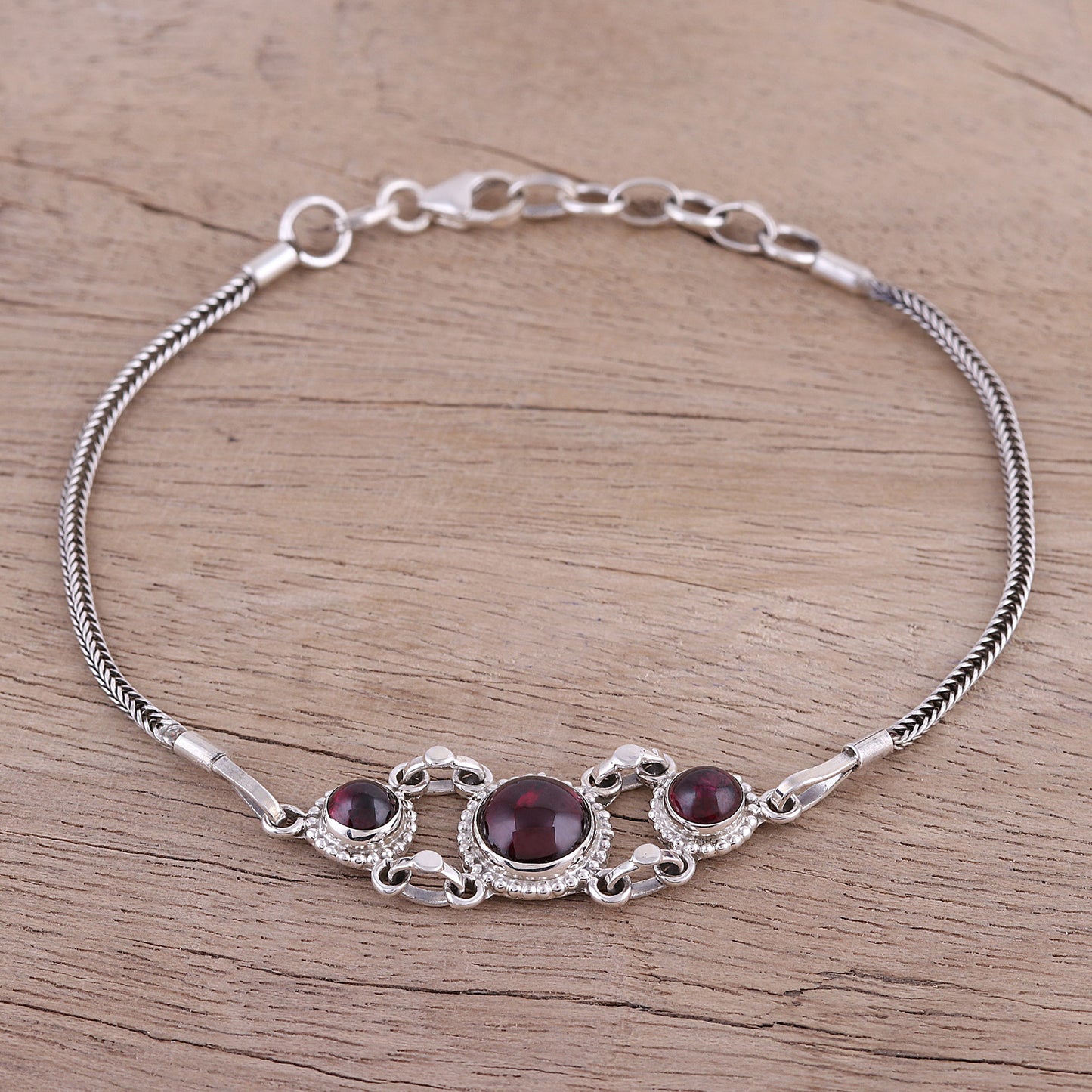 Bridge to Delhi Garnet Cabochon Pendant Bracelet in Sterling Silver