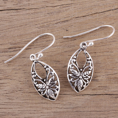 Bygone Flowers Leaf and Flower Themed Sterling Silver Dangle Earrings