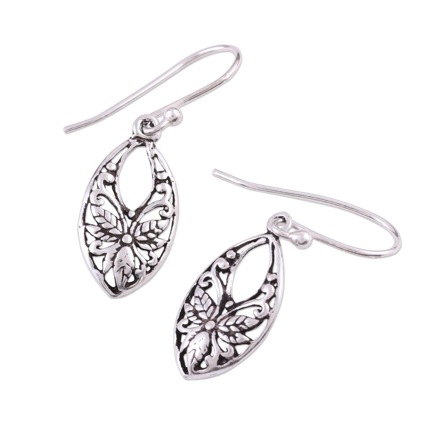 Bygone Flowers Leaf and Flower Themed Sterling Silver Dangle Earrings