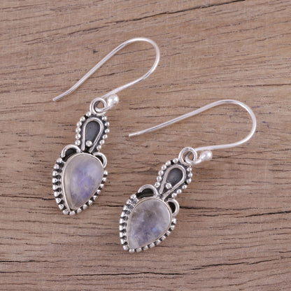 Earthly Crown Rainbow Moonstone Cabochon and Sterling Silver Earrings