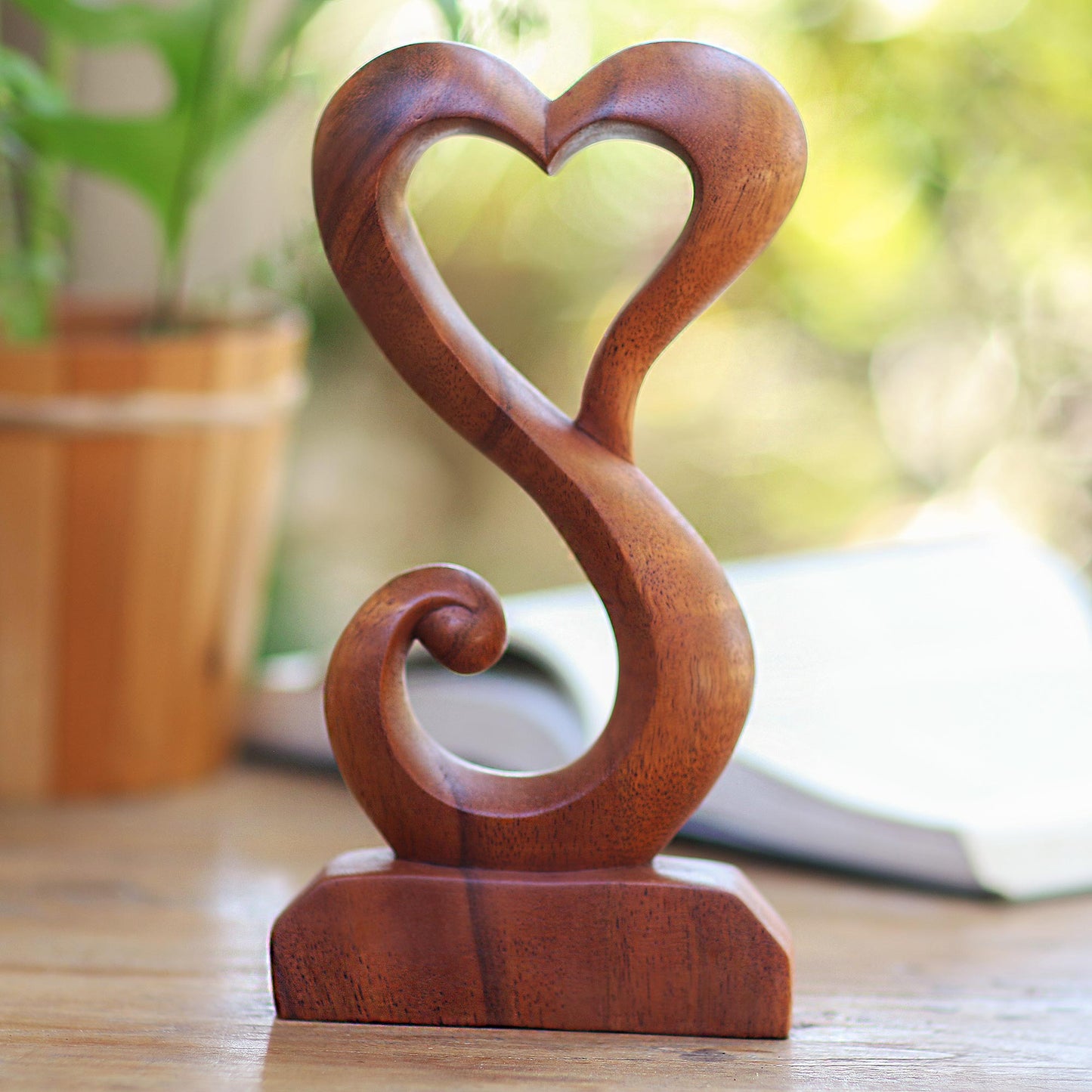 Tangled Love Hand Crafted Suar Wood Open Heart Statuette Home Decor