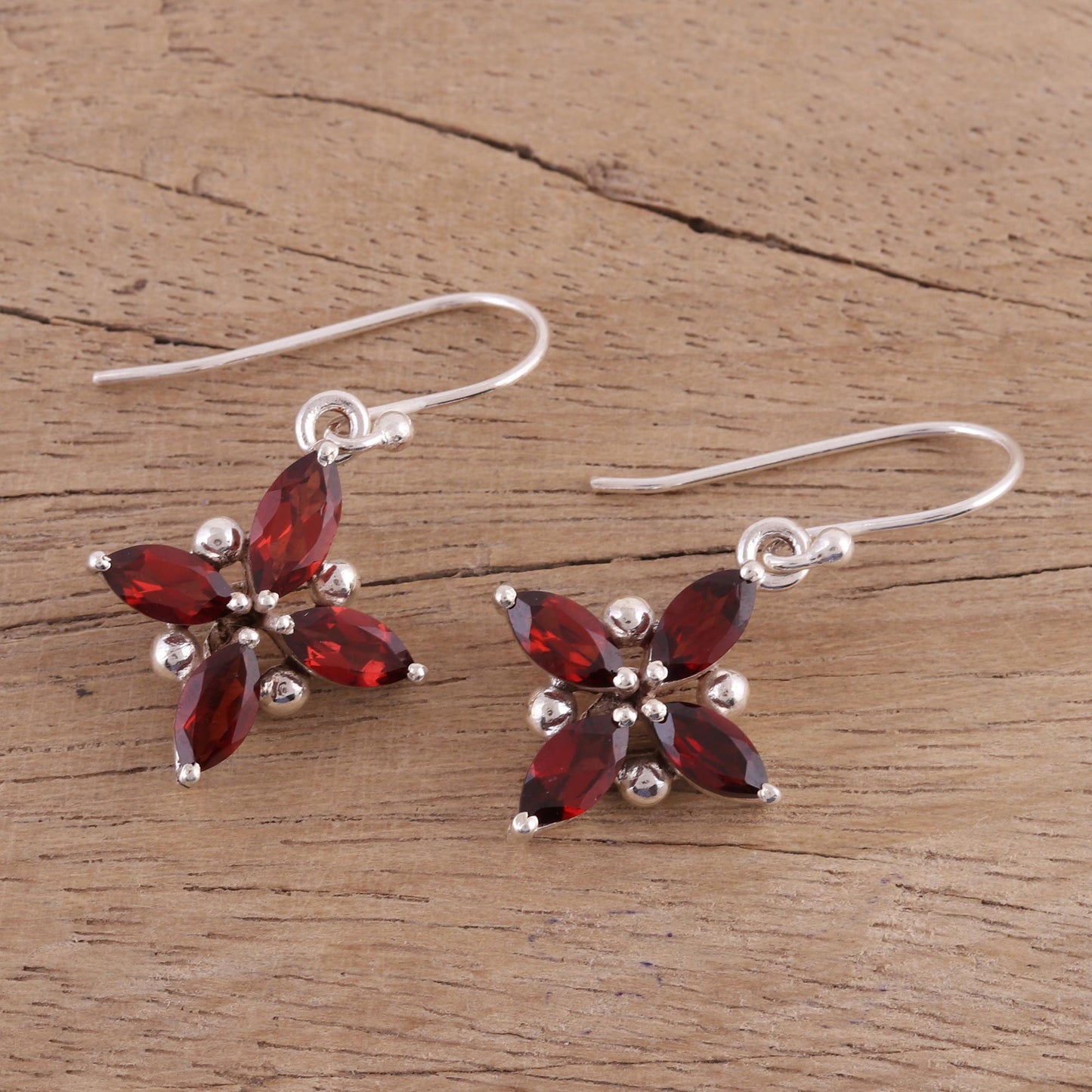 Twinkling Scarlet Garnet Earrings Set in Rhodium Plated Sterling Silver