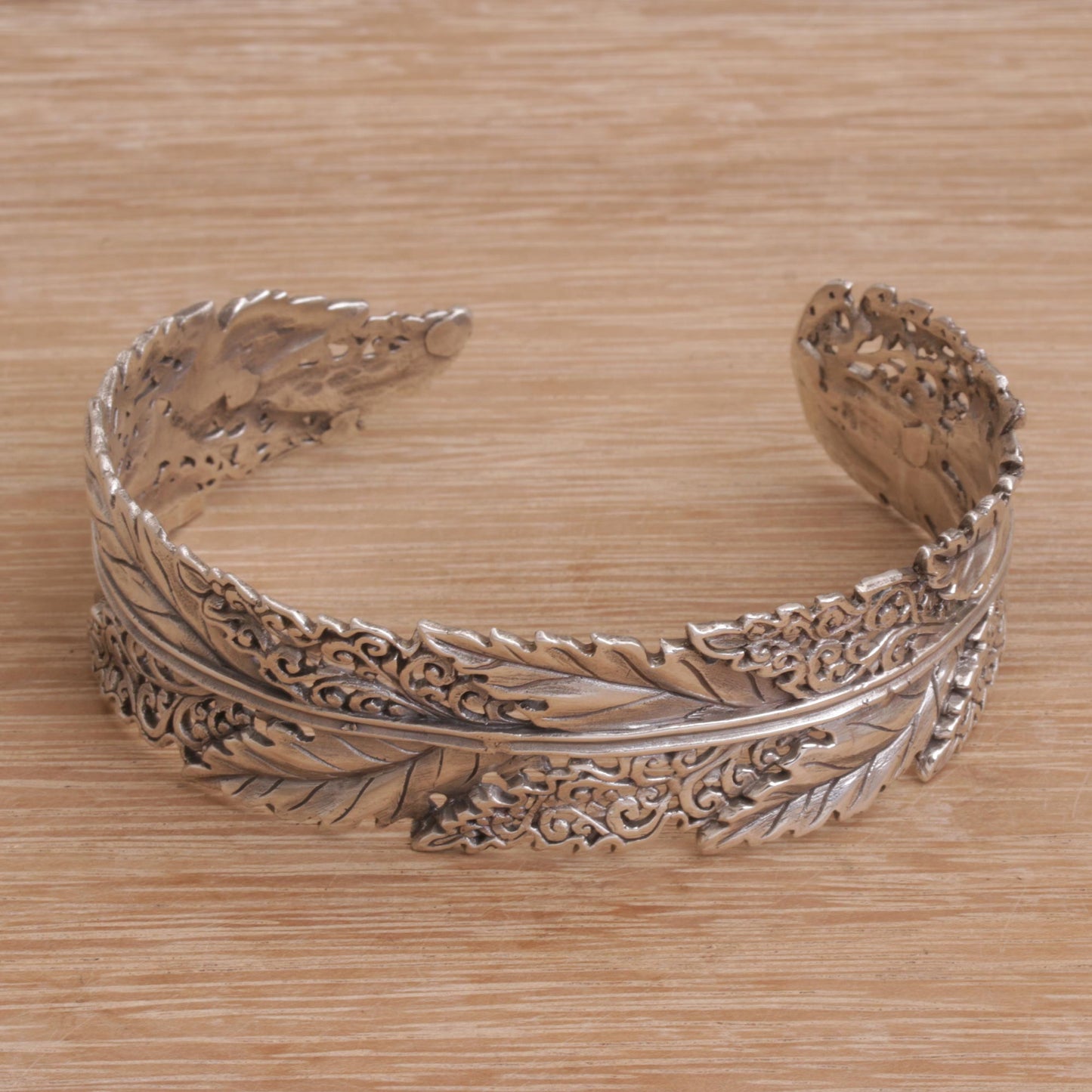 Flawless Leaves Leaf Motif Sterling Silver Cuff Bracelet from Bali