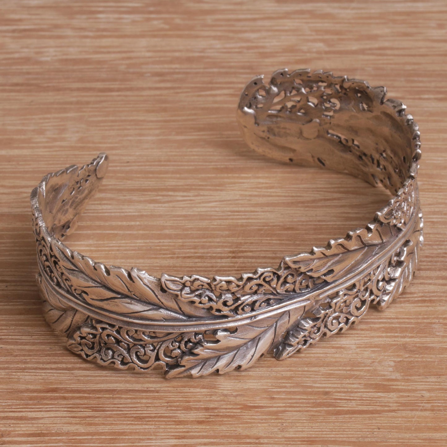 Flawless Leaves Leaf Motif Sterling Silver Cuff Bracelet from Bali