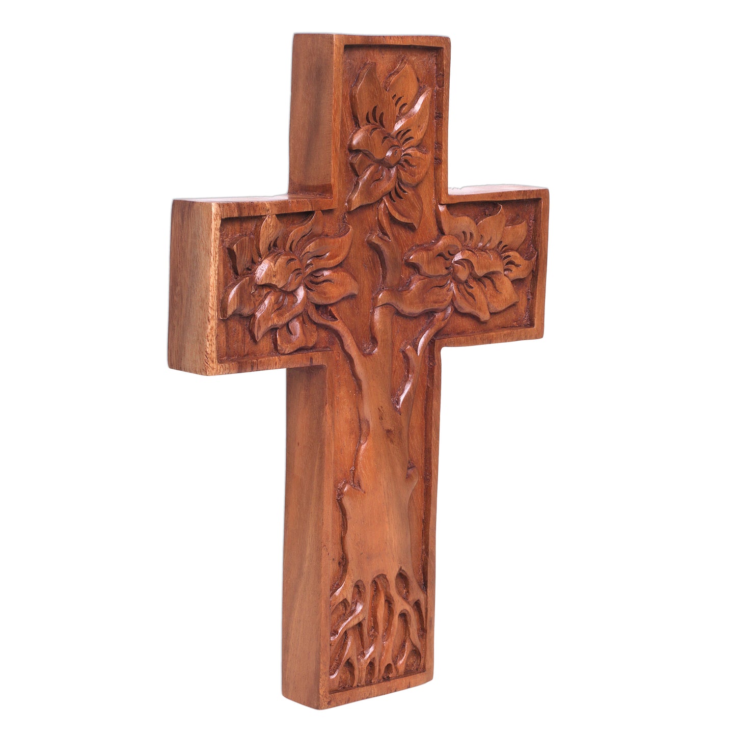 Peaceful Mangrove Hand-Carved Tree-Themed Suar Wood Wall Cross from Bali