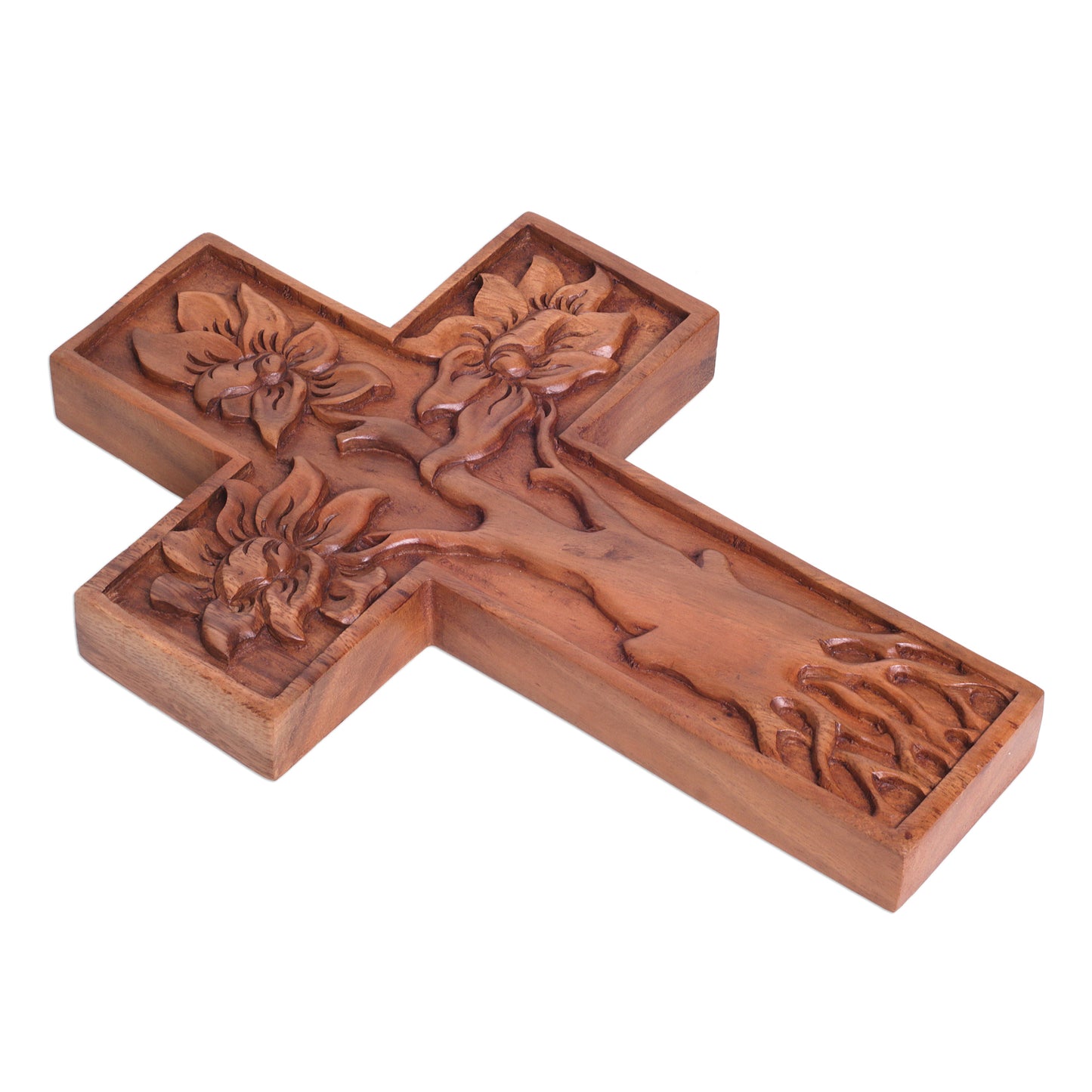 Peaceful Mangrove Hand-Carved Tree-Themed Suar Wood Wall Cross from Bali