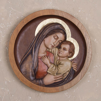 Mama Ashu Mary and Jesus Cedar Wood Relief Panel from Peru