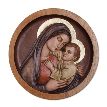 Mama Ashu Mary and Jesus Cedar Wood Relief Panel from Peru