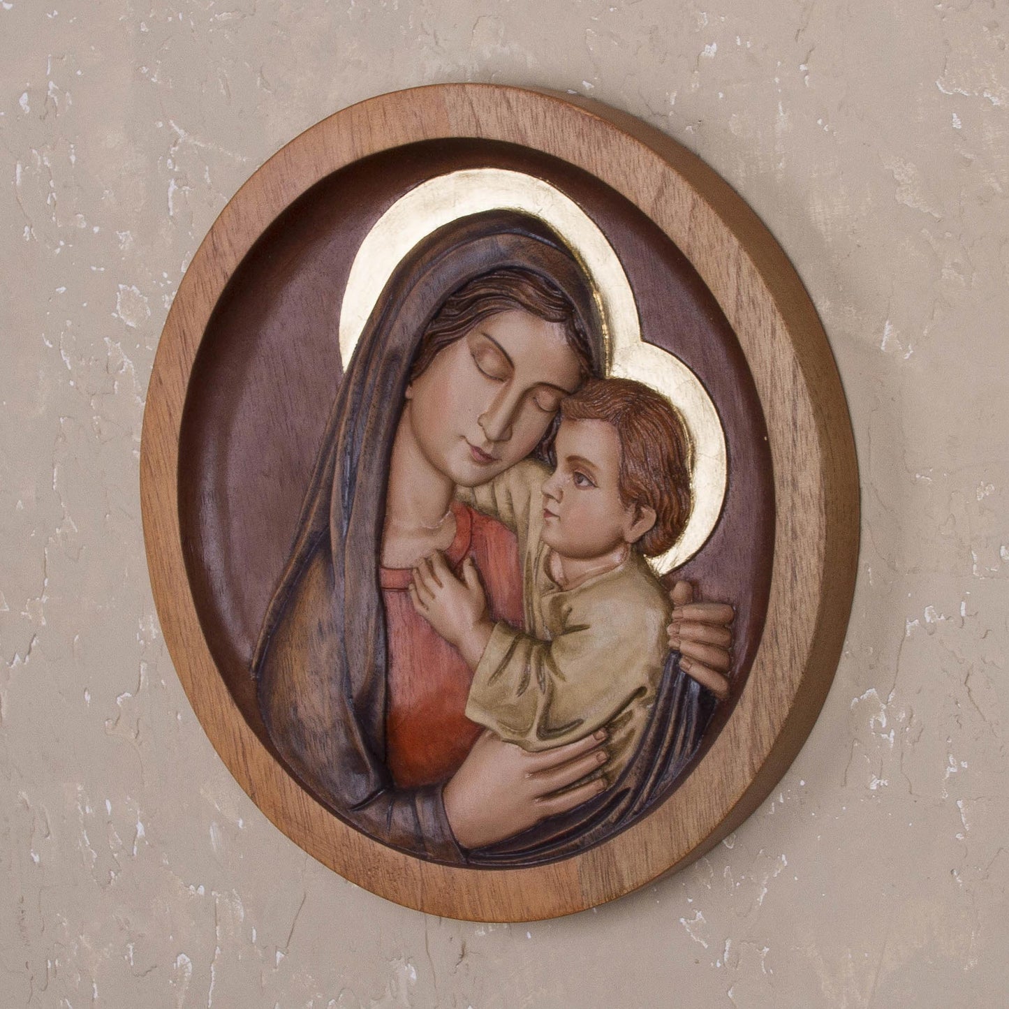 Mama Ashu Mary and Jesus Cedar Wood Relief Panel from Peru