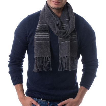 Andean Clouds in Charcoal Fair Trade Woven Dark Gray Alpaca Blend Scarf for Men