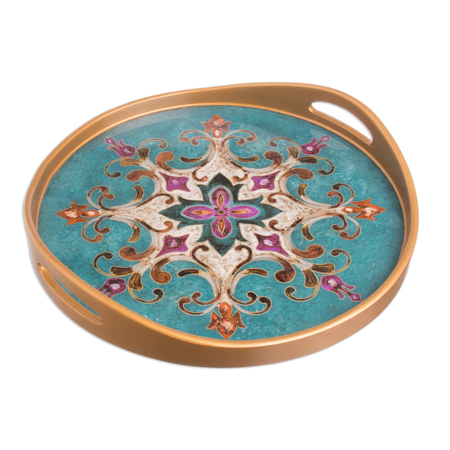 Colonial Elegance Reverse Painted Glass and Wood Turquoise Floral Round Tray