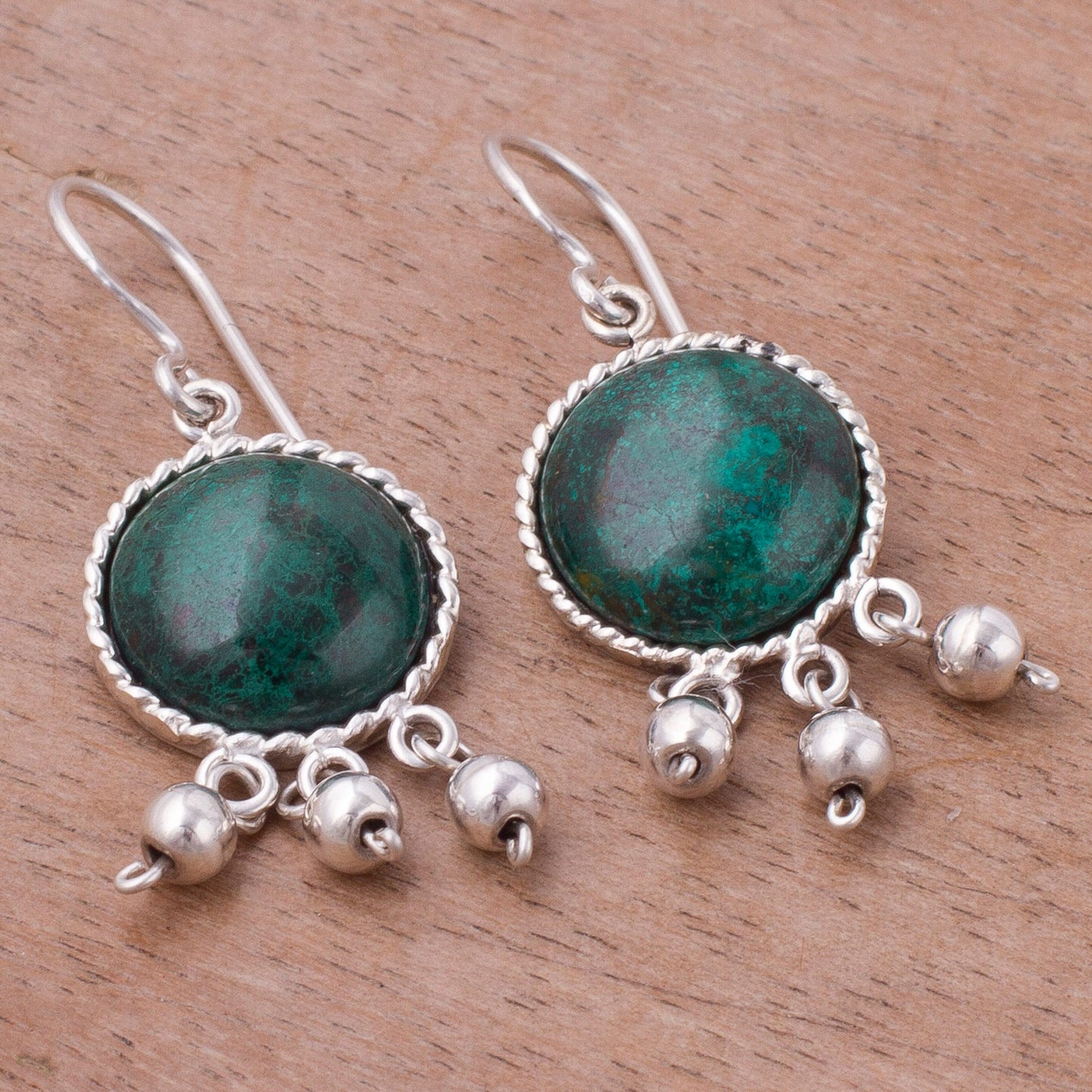 Gypsy Style Circular Chrysocolla and Silver Dangle Earrings from Peru