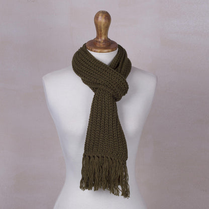 Olive Green Andean Textures Unisex Rib Knit Acrylic Scarf in Olive Green from Peru