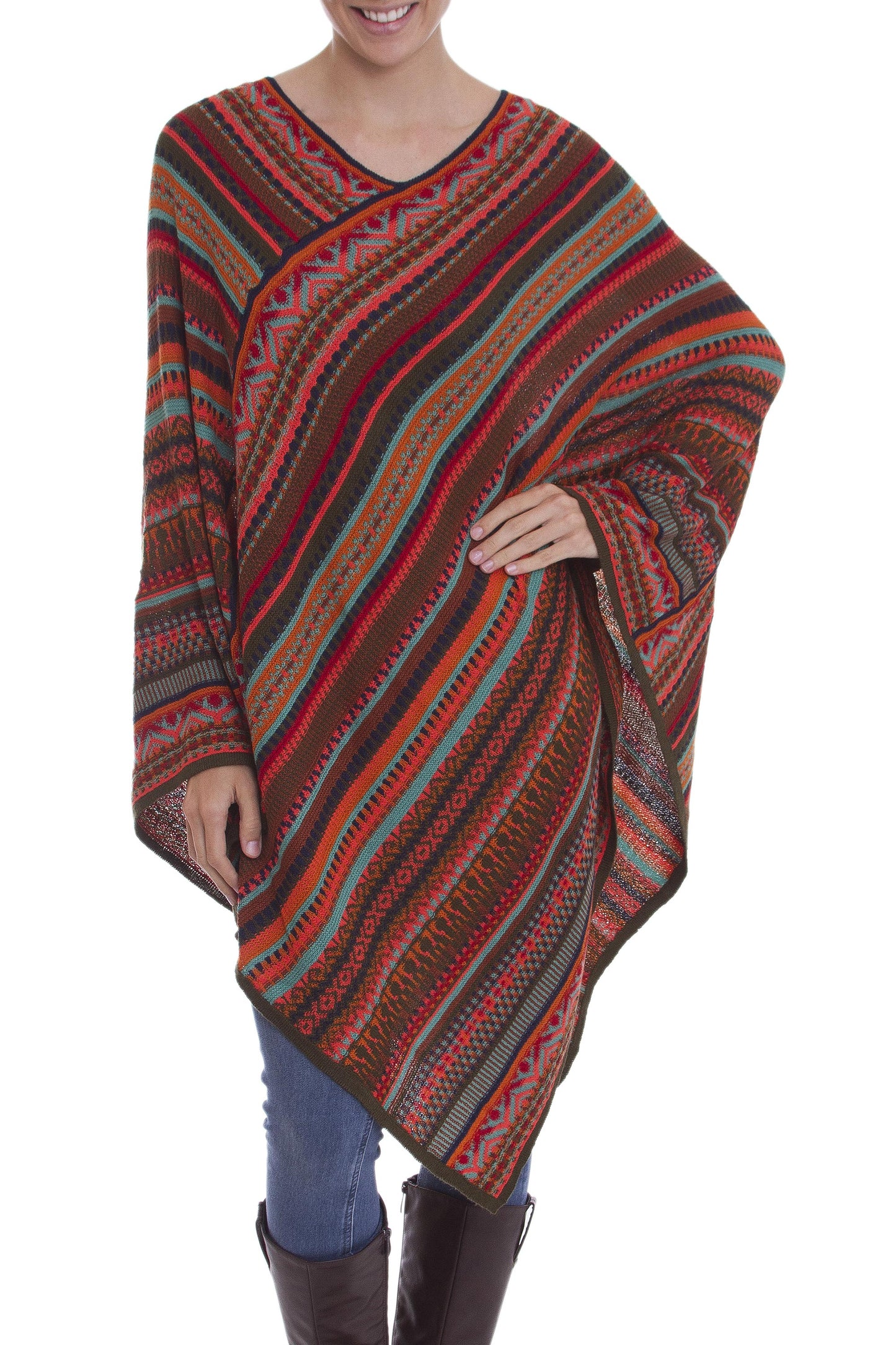 Rivers of Red Red and Multi-Color Striped Acrylic Knit Poncho