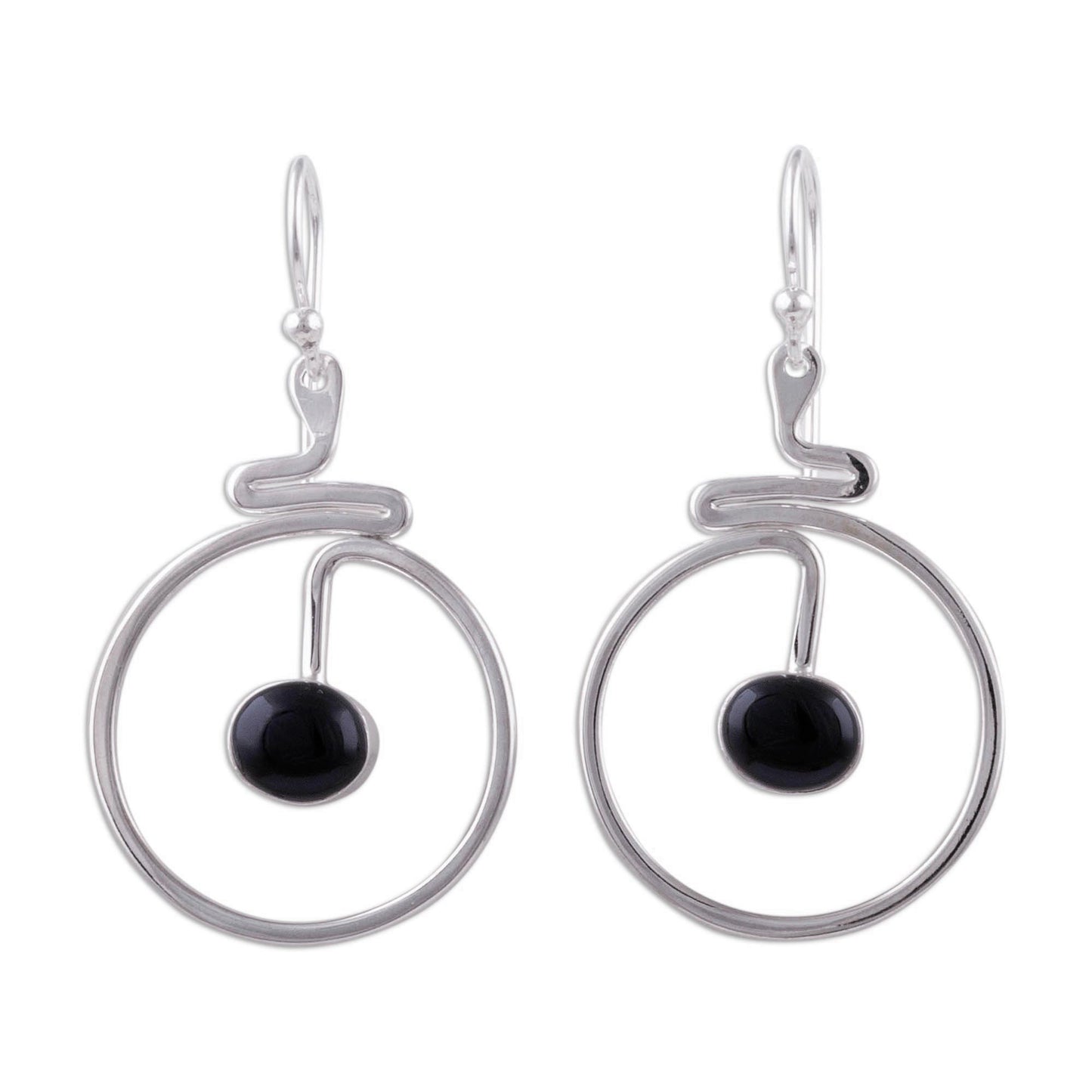 Swirling Moons Round Black Obsidian Dangle Earrings from Peru