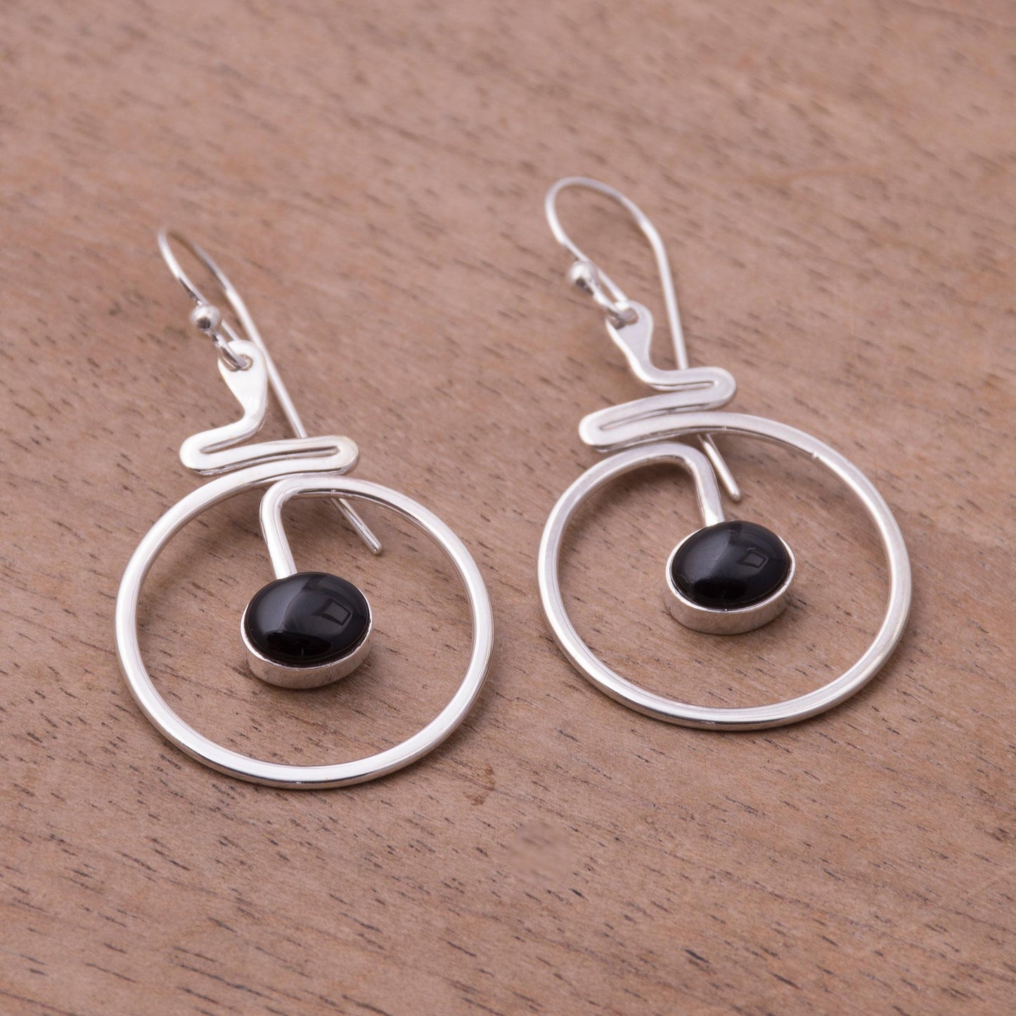 Swirling Moons Round Black Obsidian Dangle Earrings from Peru