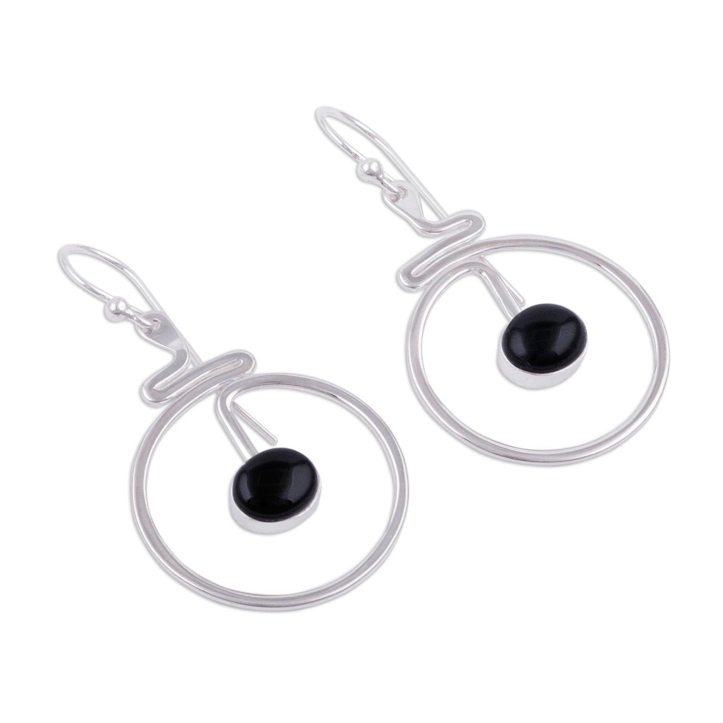 Swirling Moons Round Black Obsidian Dangle Earrings from Peru