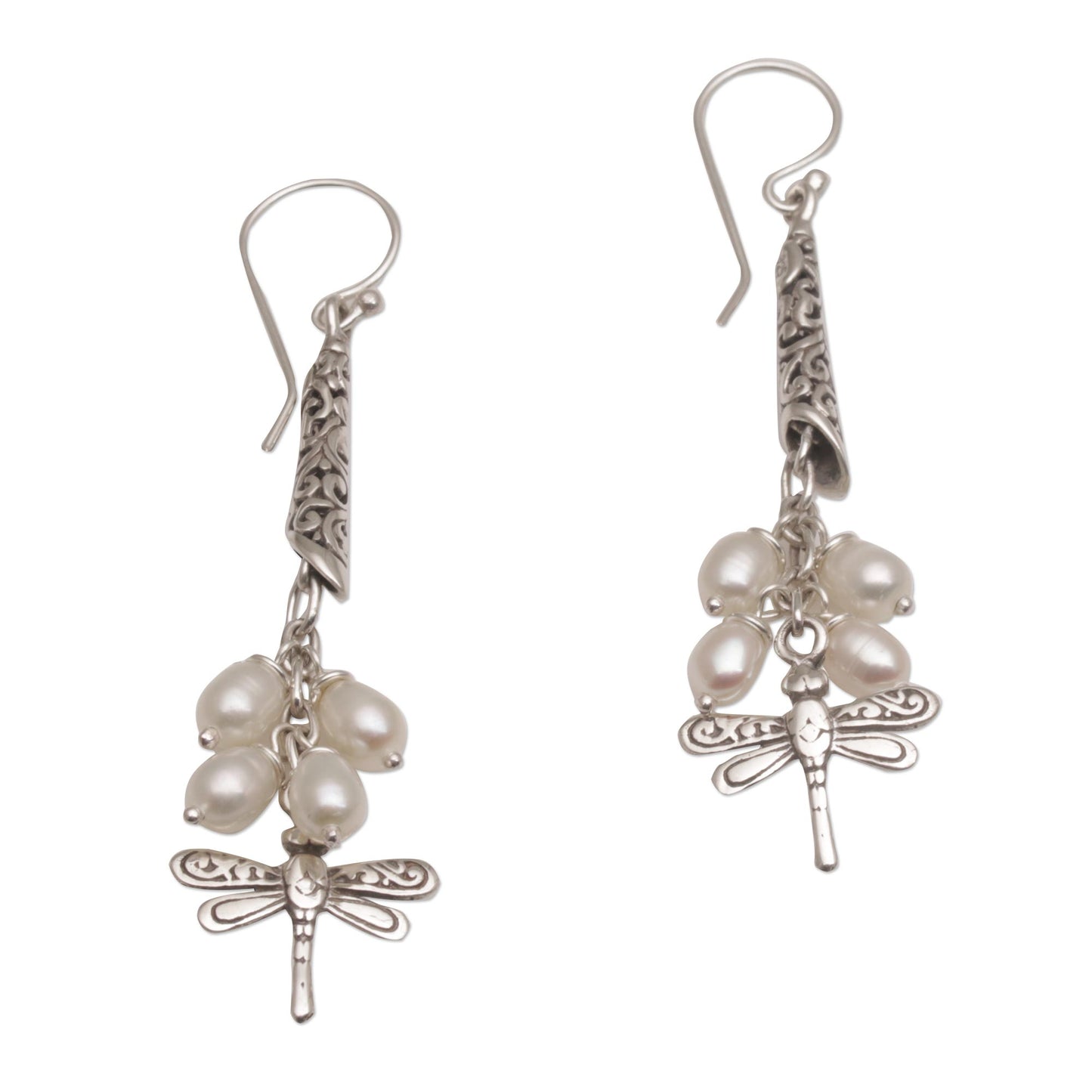 Island Dragonflies Handcrafted Balinese 925 Silver and Cultured Pearl Earrings