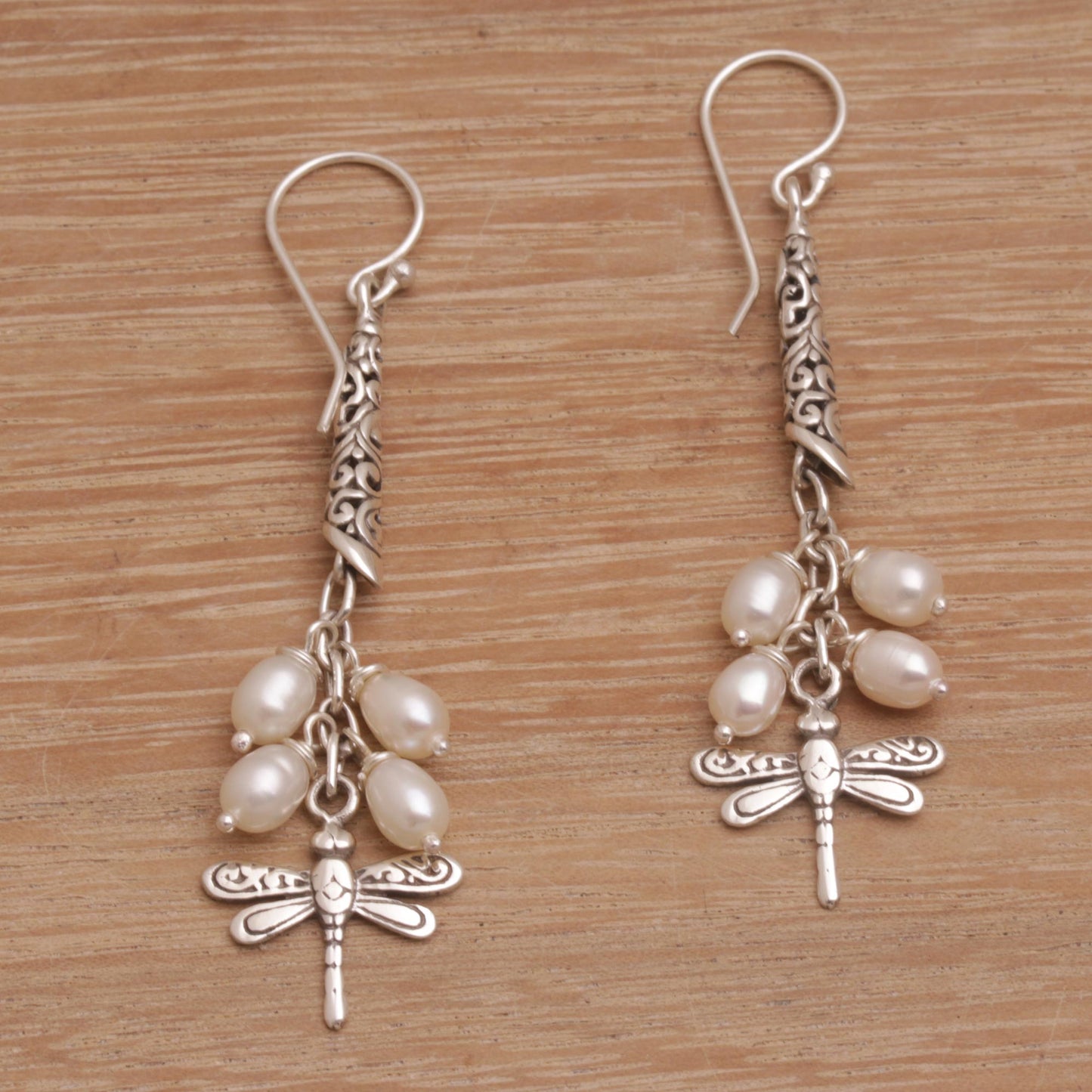 Island Dragonflies Handcrafted Balinese 925 Silver and Cultured Pearl Earrings