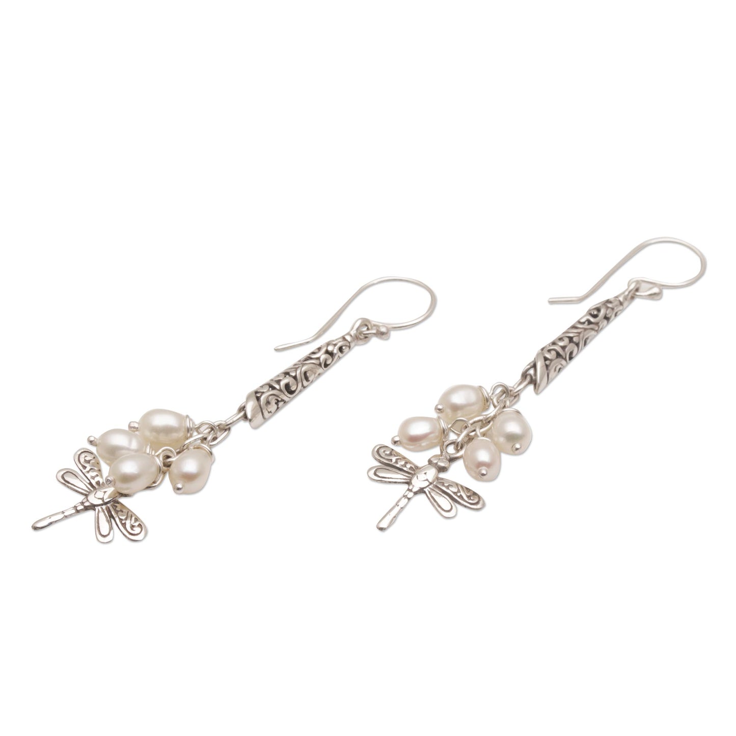 Island Dragonflies Handcrafted Balinese 925 Silver and Cultured Pearl Earrings