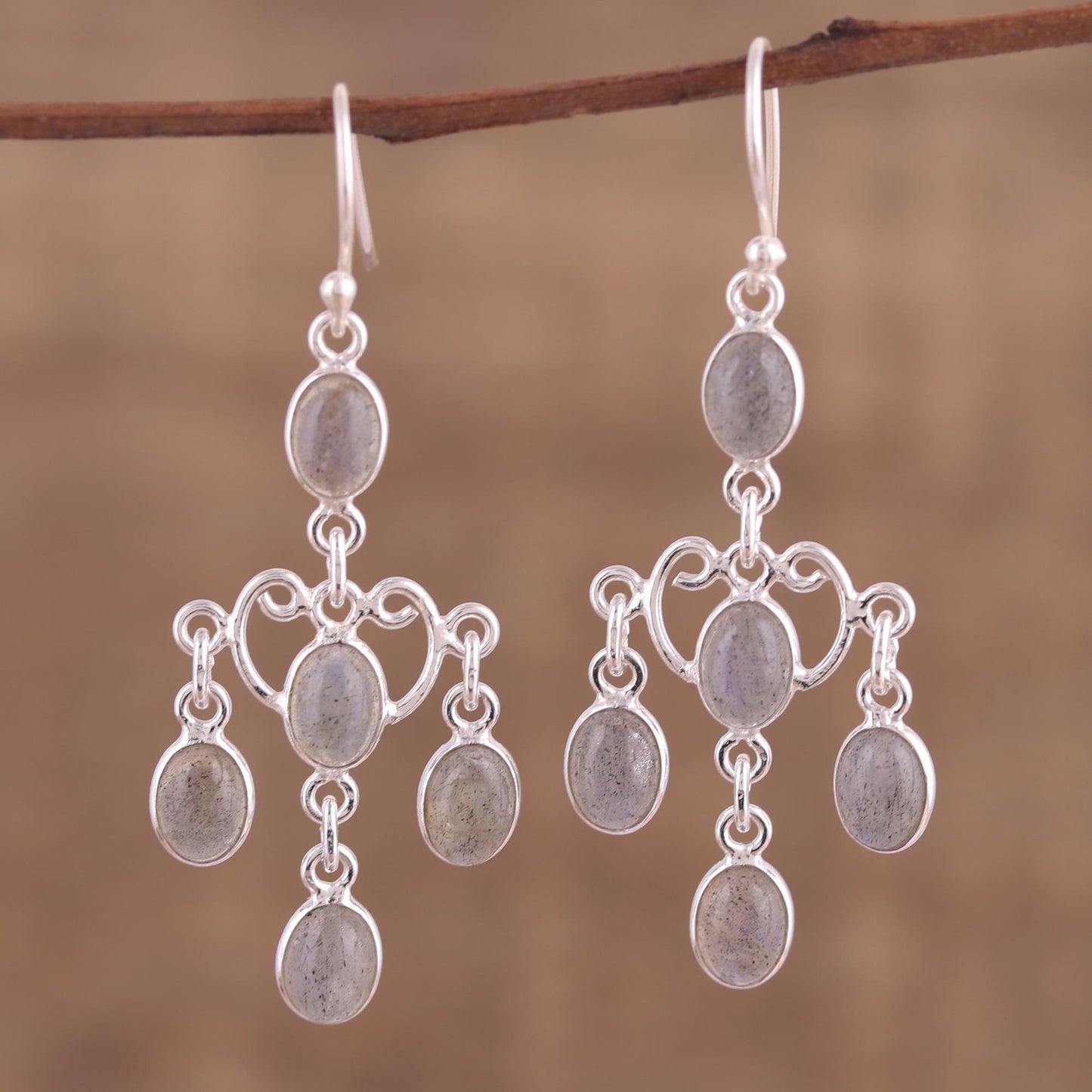 Majestic Cascade Oval Labradorite Chandelier Earrings from India