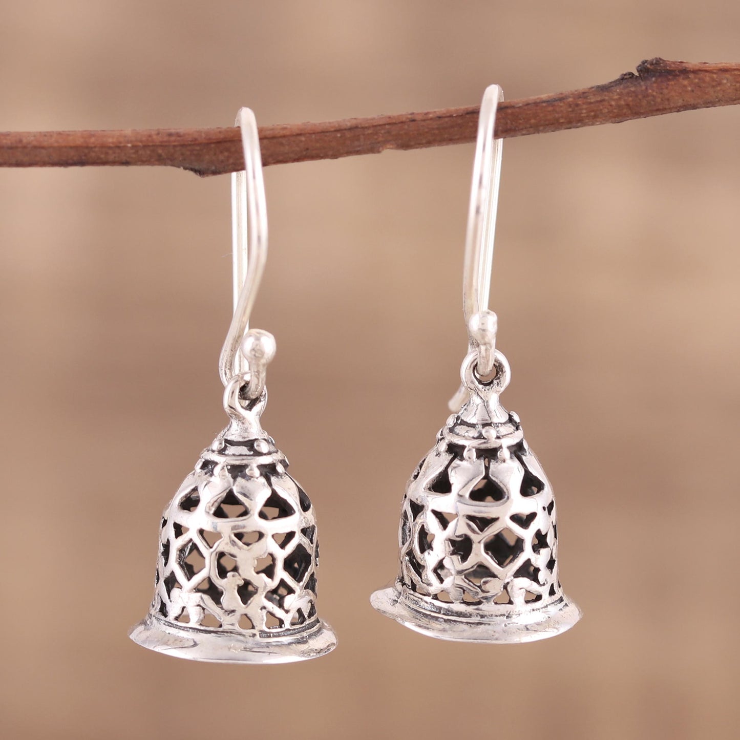 Jali Bell Hand Crafted Sterling Silver Dangle Earrings with Jali Motif