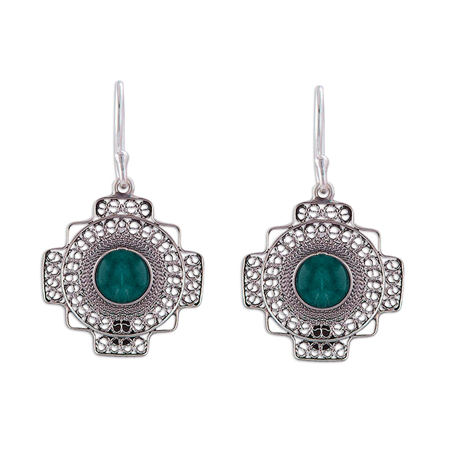 Green Valley Chakana Chrysocolla Chakana Cross Filigree Dangle Earrings from Peru