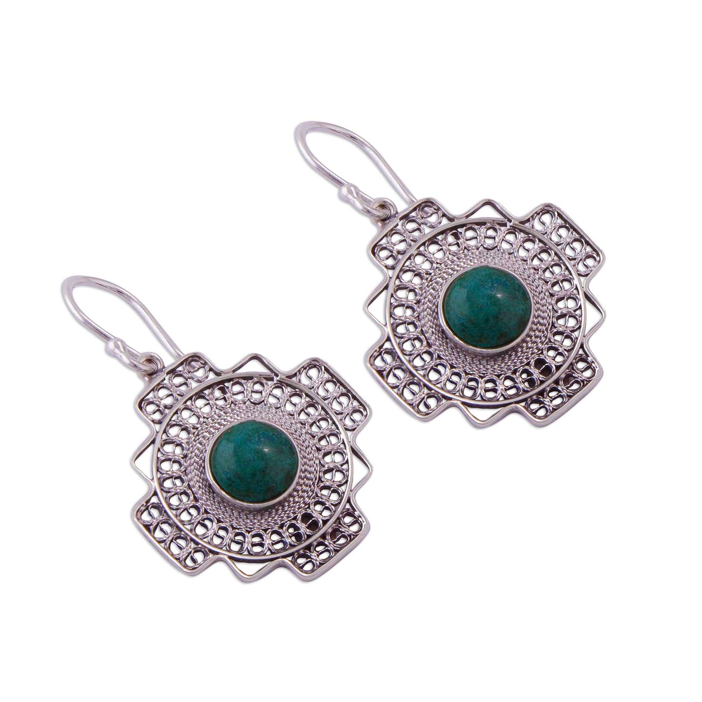 Green Valley Chakana Chrysocolla Chakana Cross Filigree Dangle Earrings from Peru