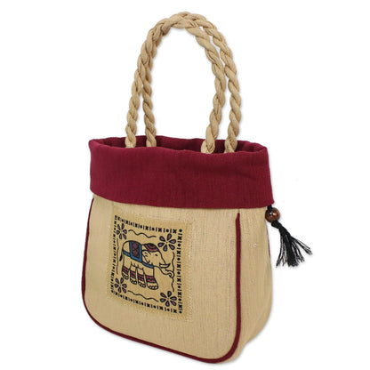 Graceful Elephant in Maroon Handmade Cotton Handle Handbag Elephant Magenta Bag Thailand