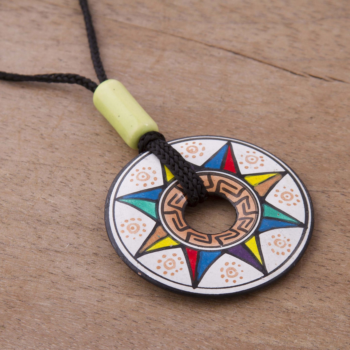 Sun of Many Colors Ceramic Pendant Necklace with Multicolored Sun from Peru