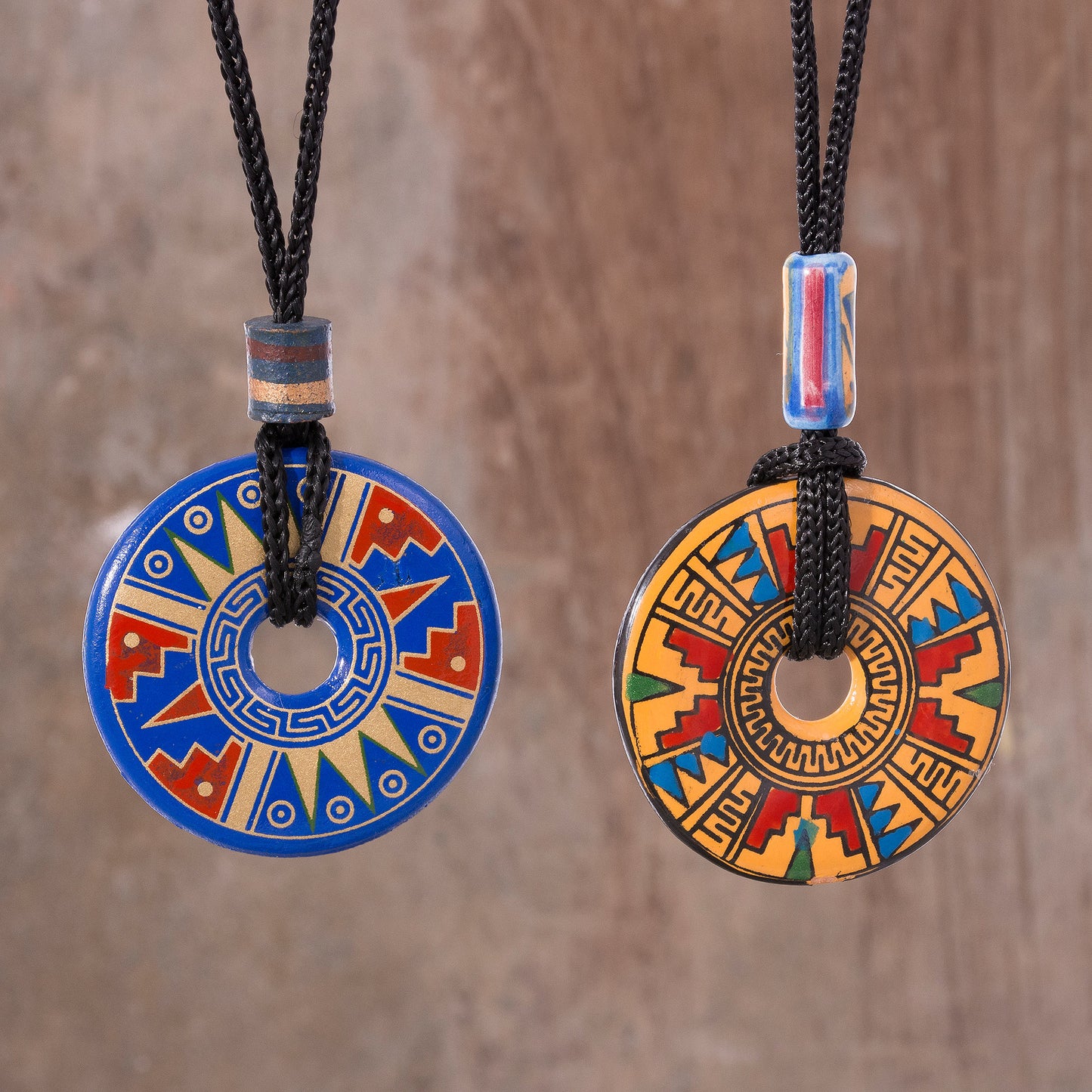 Nocturnal Feast Yellow and Blue Ceramic Pendant Necklaces from Peru (pair)