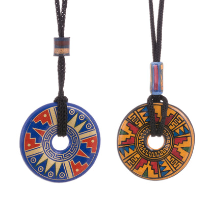 Nocturnal Feast Yellow and Blue Ceramic Pendant Necklaces from Peru (pair)