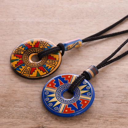 Nocturnal Feast Yellow and Blue Ceramic Pendant Necklaces from Peru (pair)