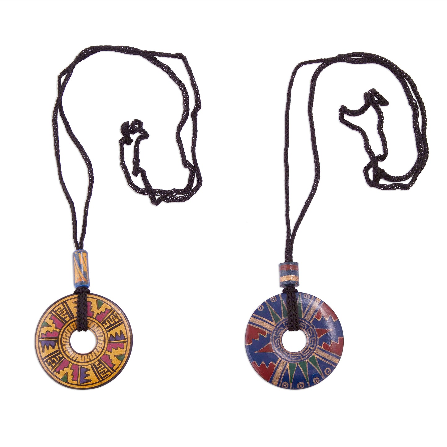 Nocturnal Feast Yellow and Blue Ceramic Pendant Necklaces from Peru (pair)