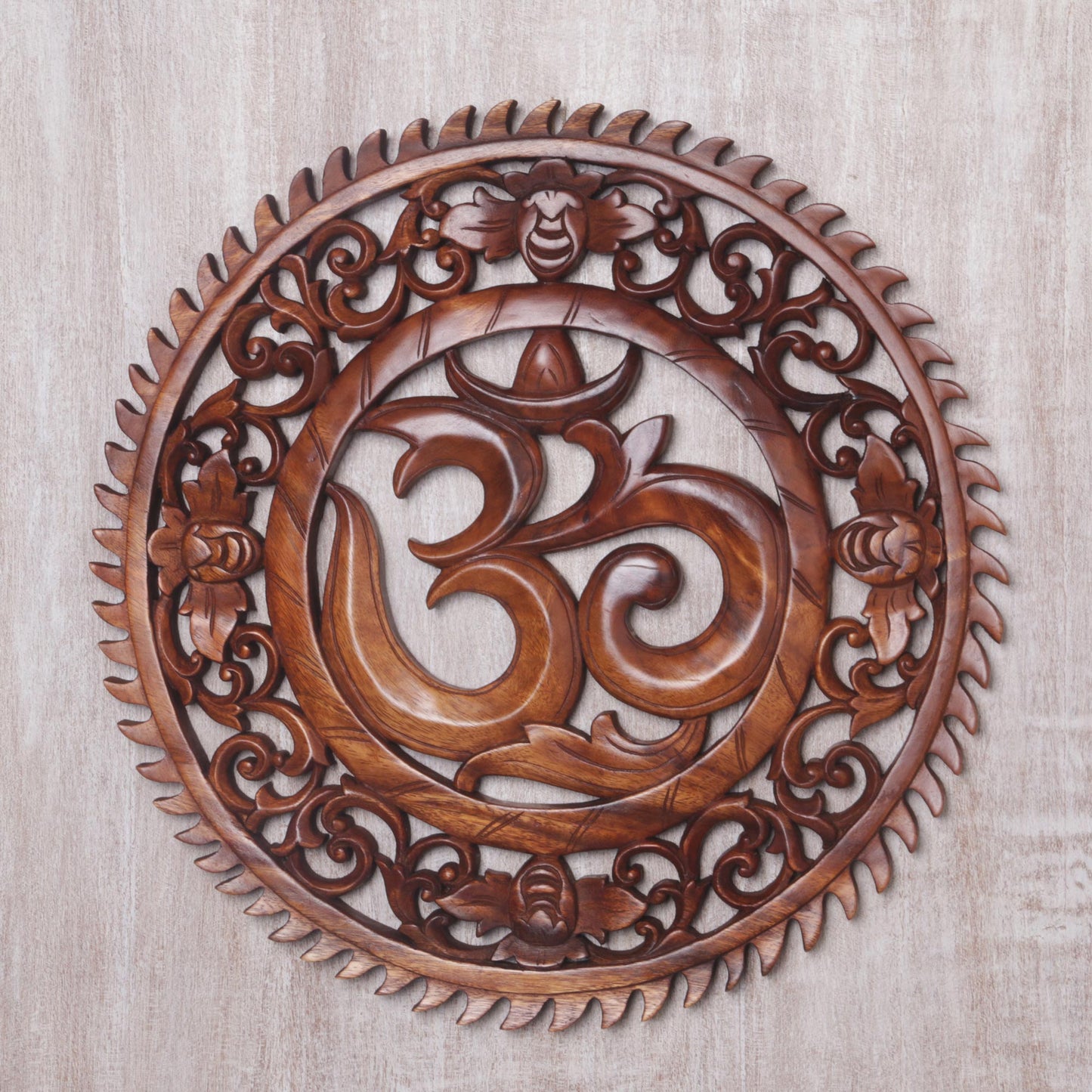 Om Serenity Hand Carved Om Motif Wood Wall Relief Panel from Bali