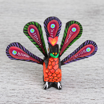 Colorful Peacock Hand-Painted Alebrije Wood Peacock Sculpture from Mexico