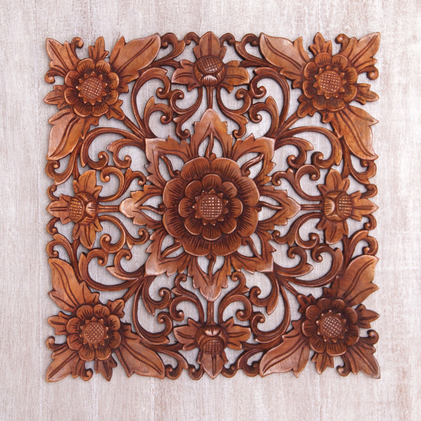 Floral Adornment Hand Carved Suar Wood Floral Wall Relief Panel