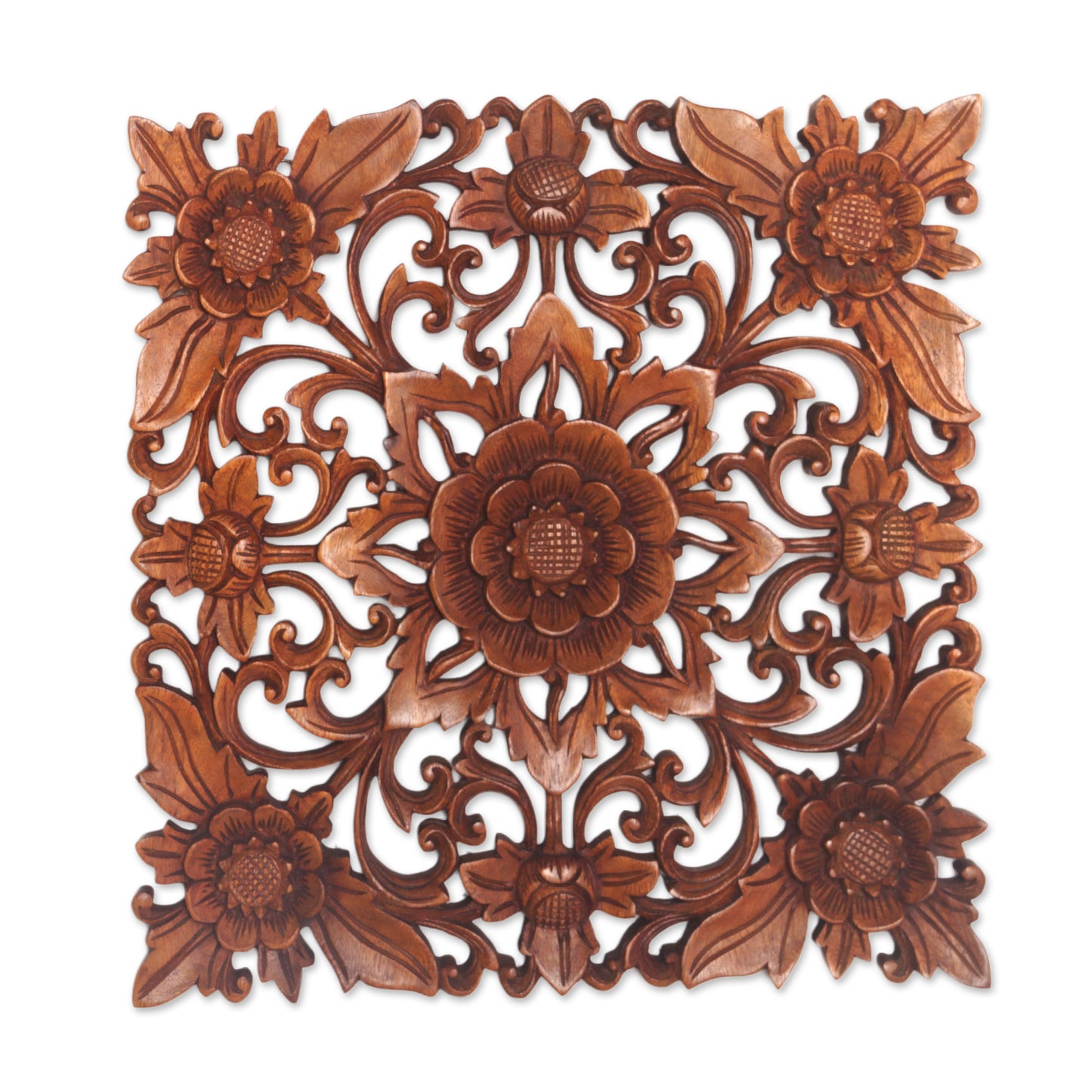 Floral Adornment Hand Carved Suar Wood Floral Wall Relief Panel