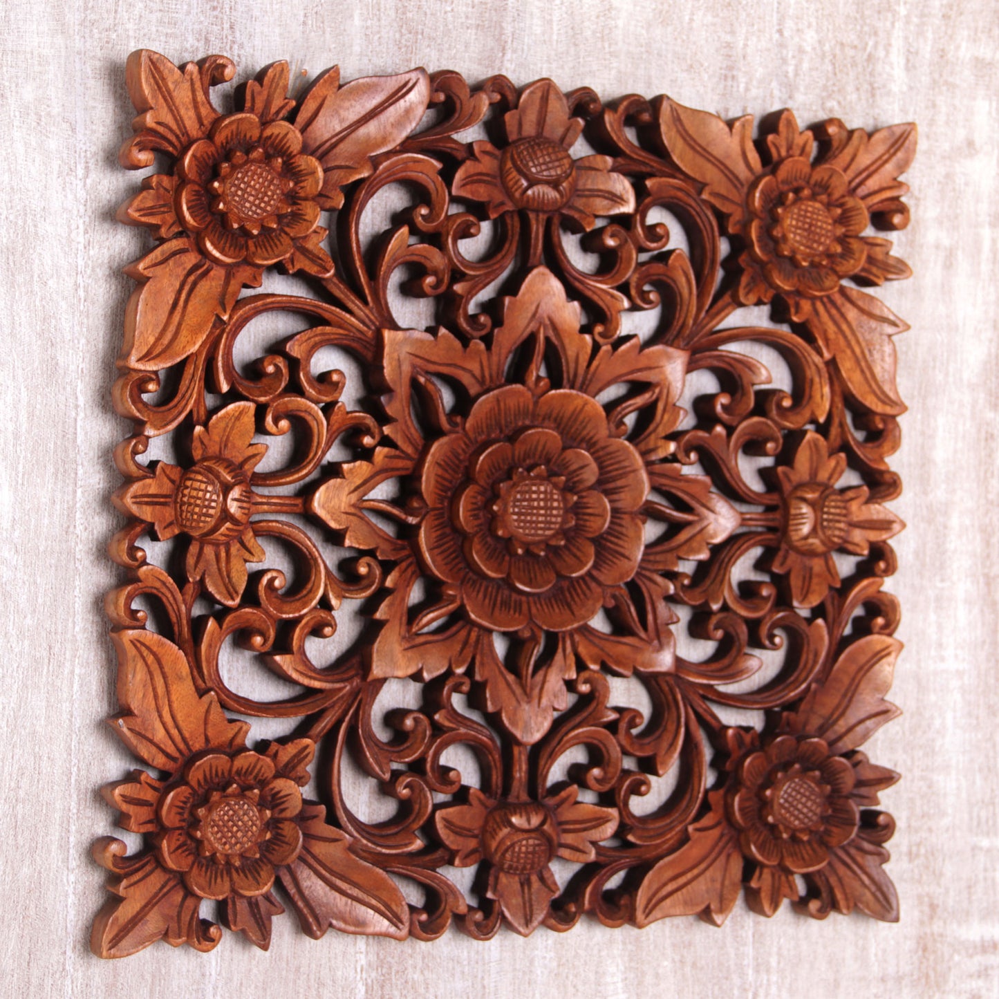 Floral Adornment Hand Carved Suar Wood Floral Wall Relief Panel