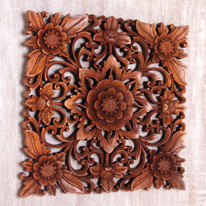 Floral Adornment Hand Carved Suar Wood Floral Wall Relief Panel