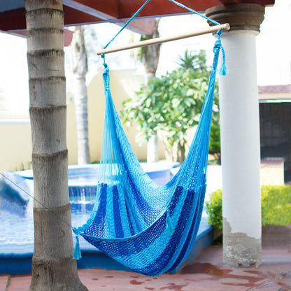 Sea Dream Hand Crafted Blue Striped Nylon Rope Hammock Swing